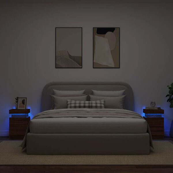 vidaXL Mesitas de noche con luces LED 2 uds roble marr&oacute;n 35x39x55 cm