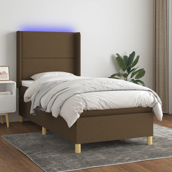 vidaXL Cama box spring colch&oacute;n y luces LED tela marr&oacute;n oscuro 90x190cm