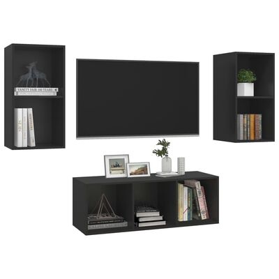 vidaXL Juego de mueble para TV de 3 piezas aglomerado negro