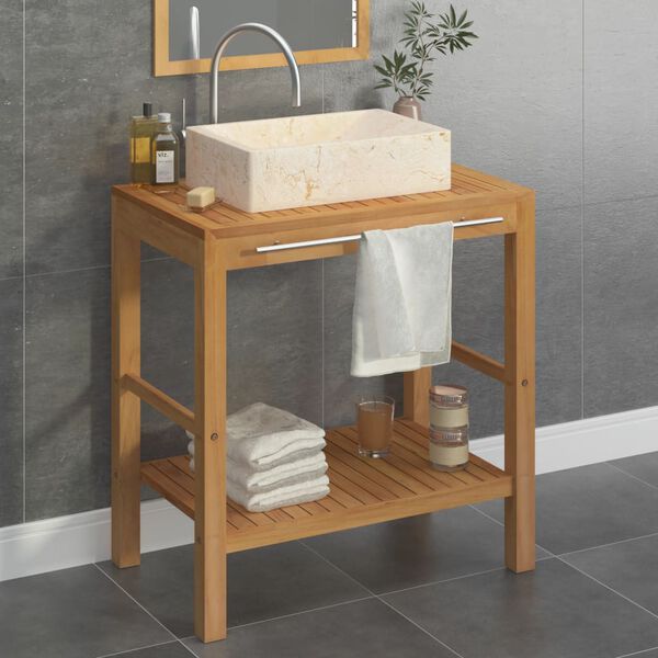 vidaXL Mueble tocador madera teca maciza con lavabo de m&aacute;rmol crema