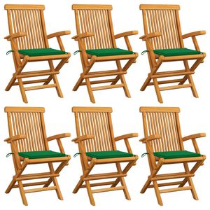 vidaXL Sillas de jard&iacute;n 6 uds madera maciza de teca con cojines verdes