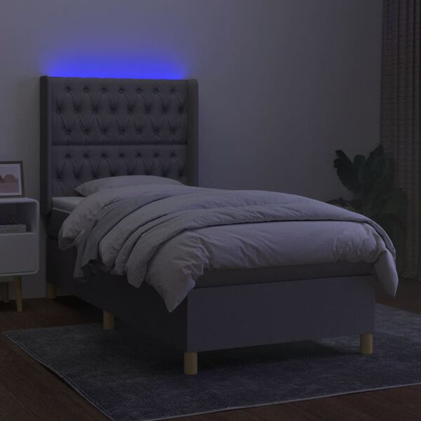 vidaXL Cama box spring colch&oacute;n y luces LED tela gris claro 90x190 cm
