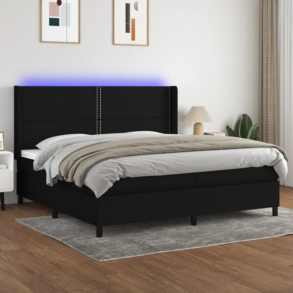 vidaXL Cama box spring colch&oacute;n y luces LED tela negro 200x200 cm