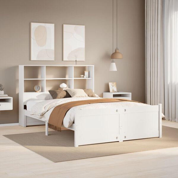 vidaXL Cama con estanter&iacute;a sin colch&oacute;n madera maciza blanca 140x190 cm
