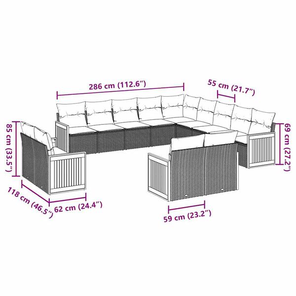 vidaXL Set de sofás de jardín y cojines 13 pzas ratán sintético negro