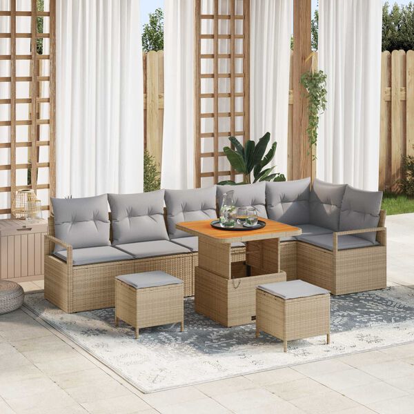 vidaXL Conjunto de sof&aacute; de jard&iacute;n con coj&iacute;n 9 pcs Beige Polirat&aacute;n
