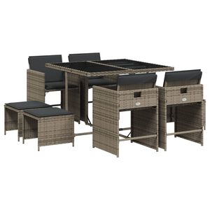vidaXL Set comedor jard&iacute;n 9 pzas y cojines rat&aacute;n sint&eacute;tico gris