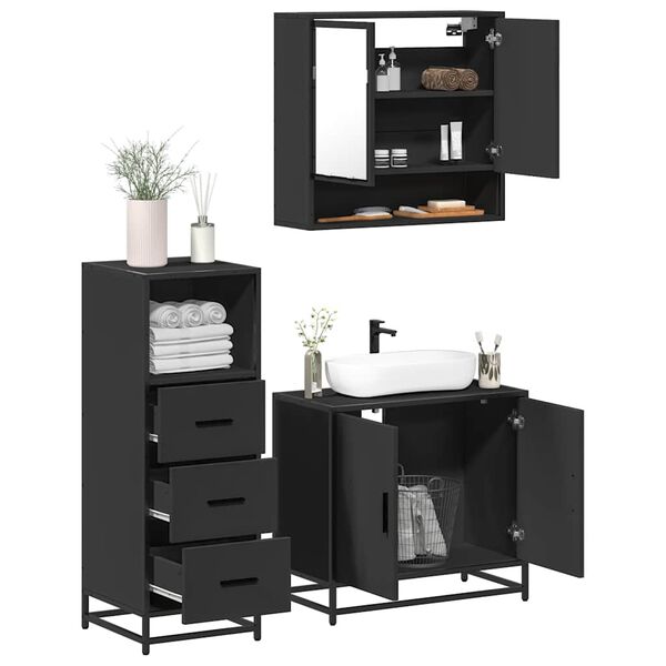 vidaXL Juego de muebles de ba&ntilde;o 3 pzas madera contrachapada negro