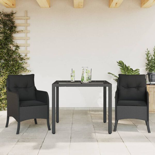 vidaXL Set comedor de jard&iacute;n 3 pzas con cojines rat&aacute;n sint&eacute;tico negro