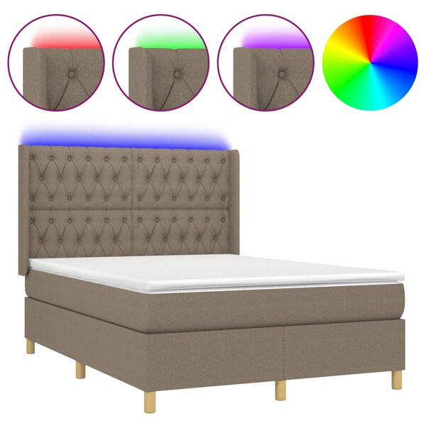 vidaXL Cama box spring colch&oacute;n y luces LED tela gris taupe 140x190 cm