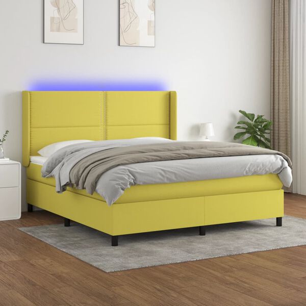 vidaXL Cama box spring colchón y luces LED tela verde 180x200 cm