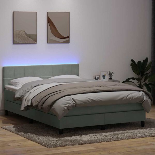 vidaXL Cama box spring con colch&oacute;n y LED terciopelo gris claro 160x210 cm