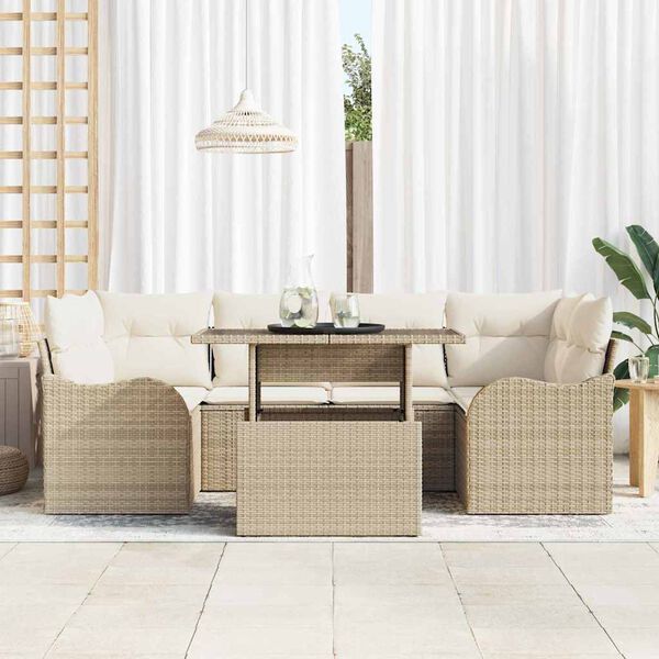 vidaXL Conjunto de sof&aacute; de jard&iacute;n 7 pcs Beige Rattan de Poli&eacute;ster