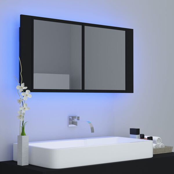 vidaXL Armario espejo de ba&ntilde;o con luz LED acr&iacute;lico negro 90x12x45 cm