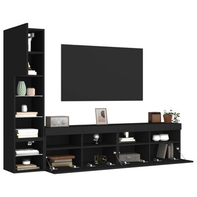 vidaXL Muebles de TV de pared con LED 4 pzas madera ingeniería negro