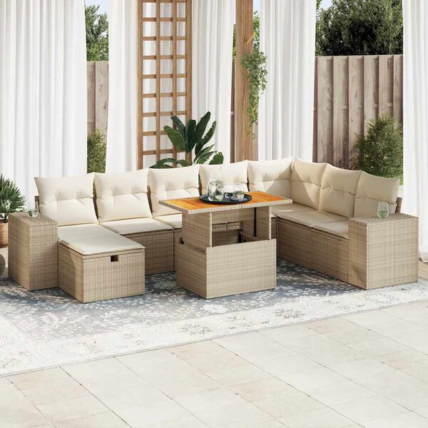 vidaXL Set sof&aacute;s jard&iacute;n y cojines 9 pzas rat&aacute;n sint&eacute;tico acacia beige