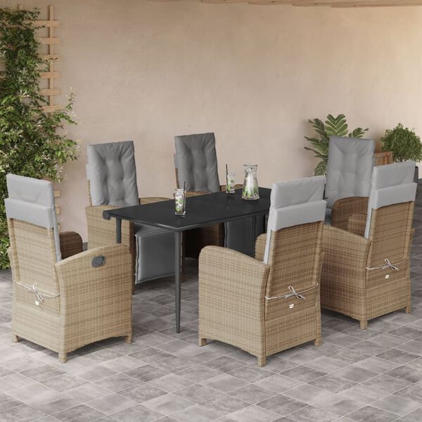 vidaXL Set comedor de jard&iacute;n 7 pzas con cojines rat&aacute;n sint&eacute;tico beige