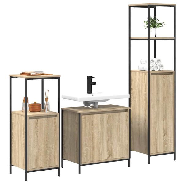 vidaXL Juego de muebles de ba&ntilde;o con estante 3 pcs Roble Sonoma y Negro