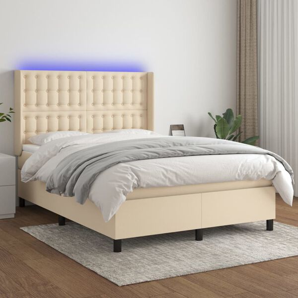 vidaXL Cama box spring colch&oacute;n y luces LED tela crema 140x190 cm