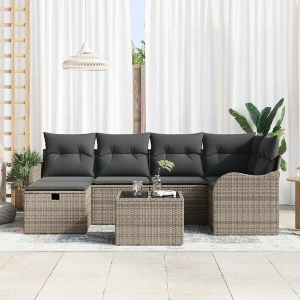 vidaXL Conjunto de sof&aacute; de jard&iacute;n con coj&iacute;n 7 pcs Gris Polirat&aacute;n