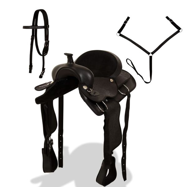 vidaXL Montura occidental, cabezada y pechera cuero real 17" negra