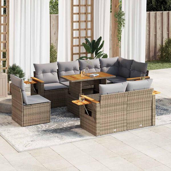 vidaXL Set sof&aacute;s jard&iacute;n y cojines 9 pzas rat&aacute;n sint&eacute;tico acacia beige