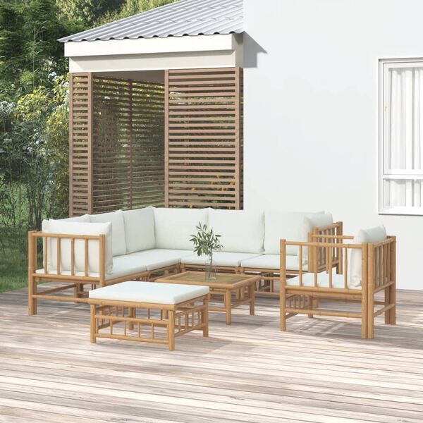 vidaXL Set de muebles de jardín 8 piezas bambú y cojines blanco crema