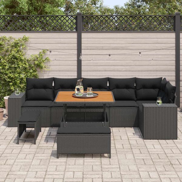 vidaXL Conjunto de sof&aacute; de jard&iacute;n 9 pcs Negro rat&aacute;n sint&eacute;tico