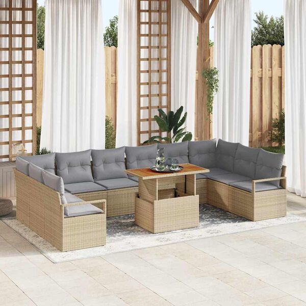 vidaXL Conjunto de sof&aacute; de jard&iacute;n 11 pcs Beige Polirat&aacute;n