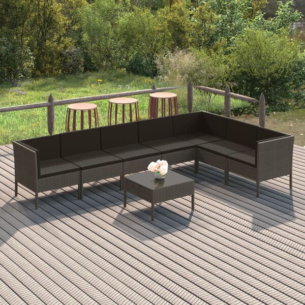 vidaXL Set de muebles de jard&iacute;n 8 pzas y cojines rat&aacute;n sint&eacute;tico gris