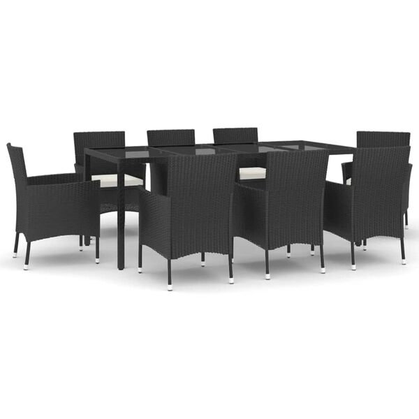 vidaXL Set de comedor de jard&iacute;n 9 pzas y cojines rat&aacute;n sint&eacute;tico negro