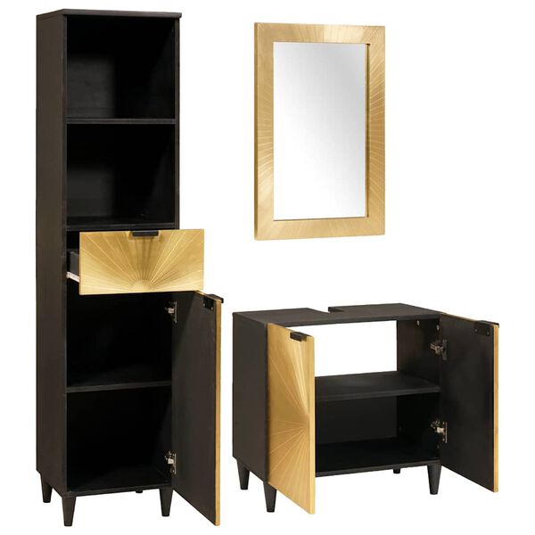 vidaXL Juego de Muebles de Ba&ntilde;o con caj&oacute;n 3 pcs Negro y dorado