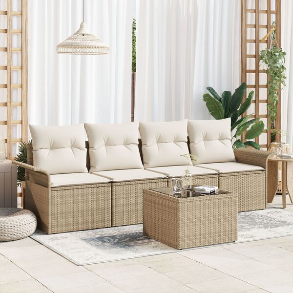 vidaXL Conjunto de sof&aacute; de jard&iacute;n 5 pcs Beige y Crema rat&aacute;n sint&eacute;tico