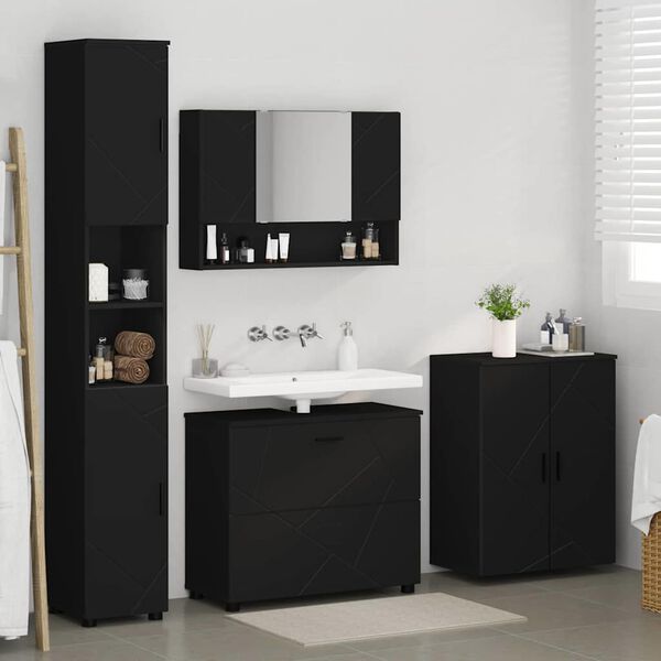 vidaXL Juego de muebles de ba&ntilde;o 4 pcs Negro Madera engineered y metal