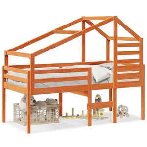 vidaXL Cama alta con techo madera maciza de pino marr&oacute;n cera 90x190 cm