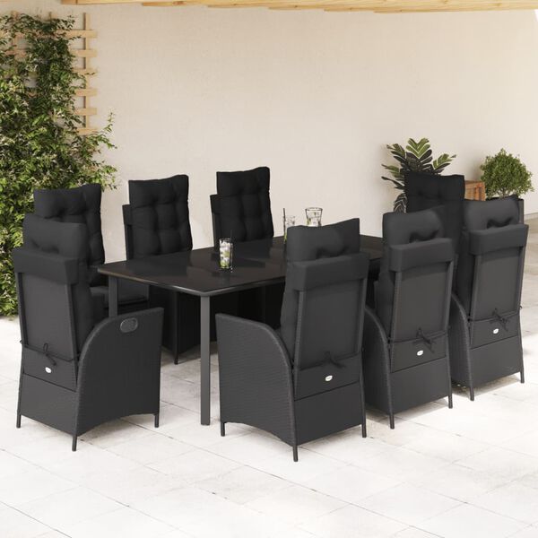 vidaXL Set de comedor de jard&iacute;n 9 pzas y cojines rat&aacute;n sint&eacute;tico negro