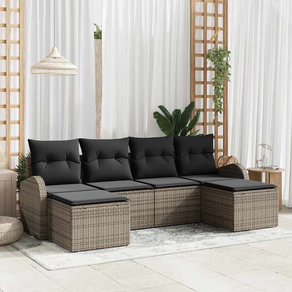vidaXL Conjunto de sof&aacute; de jard&iacute;n 6 pcs Gris Rattan de Poli&eacute;ster