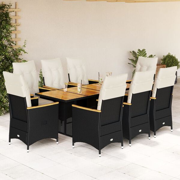 vidaXL Set de mesa y sillas de jard&iacute;n 9 pzas y cojines rat&aacute;n PE negro