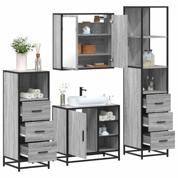 vidaXL Set de muebles de ba&ntilde;o 4 pzas madera contrachapada gris sonoma