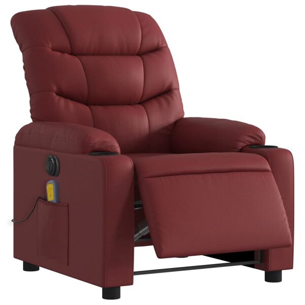vidaXL Sillón masaje reclinable eléctrico cuero sintético rojo tinto