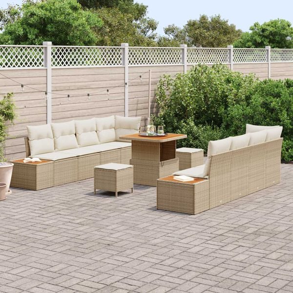 vidaXL Conjunto de sof&aacute; de jard&iacute;n con coj&iacute;n 11 pcs Beige Polirat&aacute;n