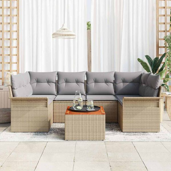 vidaXL Conjunto de sof&aacute;s de jard&iacute;n 7 pcs Beige rat&aacute;n sint&eacute;tico
