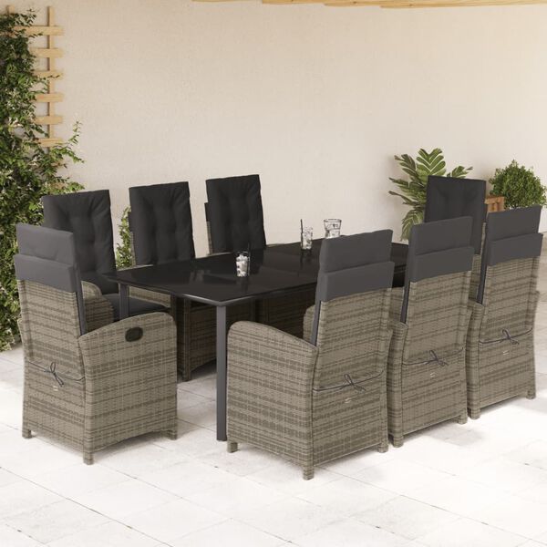 vidaXL Set comedor jard&iacute;n 9 pzas y cojines rat&aacute;n sint&eacute;tico gris