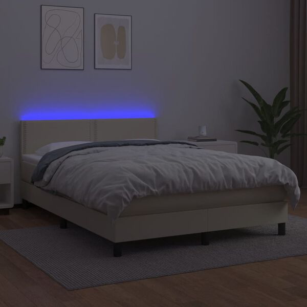 vidaXL Cama box spring colch&oacute;n y LED cuero sint&eacute;tico crema 140x190 cm