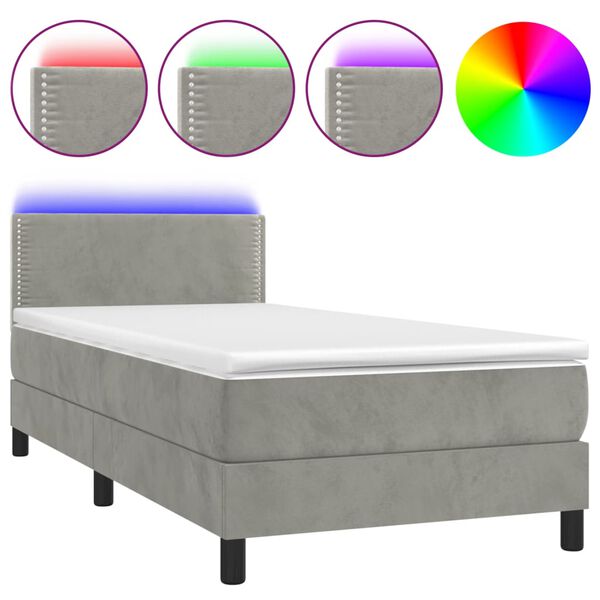 vidaXL Cama box spring colch&oacute;n y LED terciopelo gris claro 80x200 cm