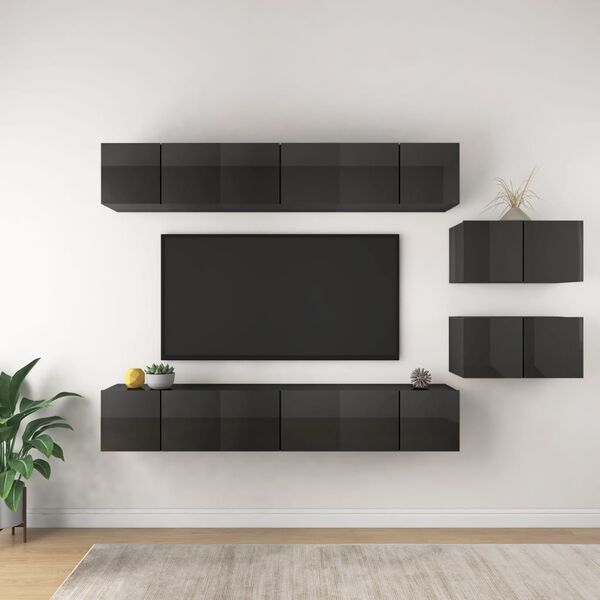 vidaXL Muebles de TV de sal&oacute;n 8 pzas madera de ingenier&iacute;a gris brillo