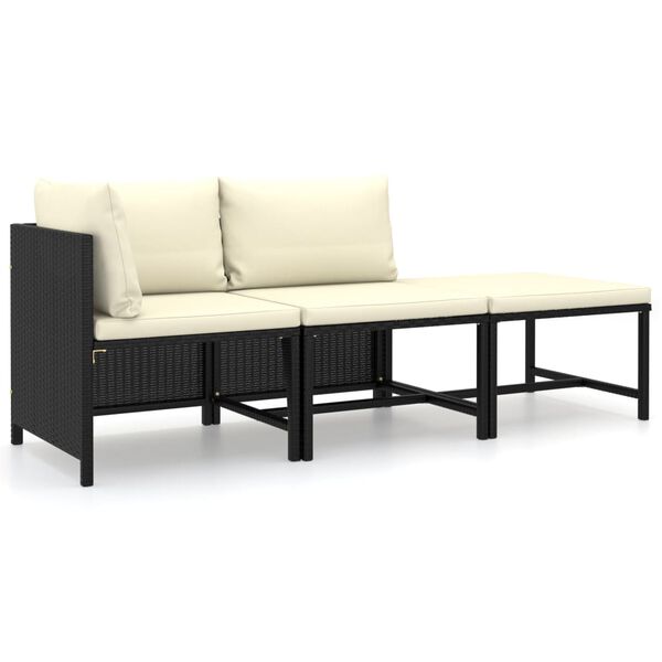 vidaXL Set de muebles de jard&iacute;n 3 pzas y cojines rat&aacute;n sint&eacute;tico negro
