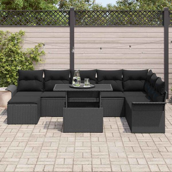 vidaXL Conjunto de sof&aacute; de jard&iacute;n 9 pcs Negro rat&aacute;n sint&eacute;tico