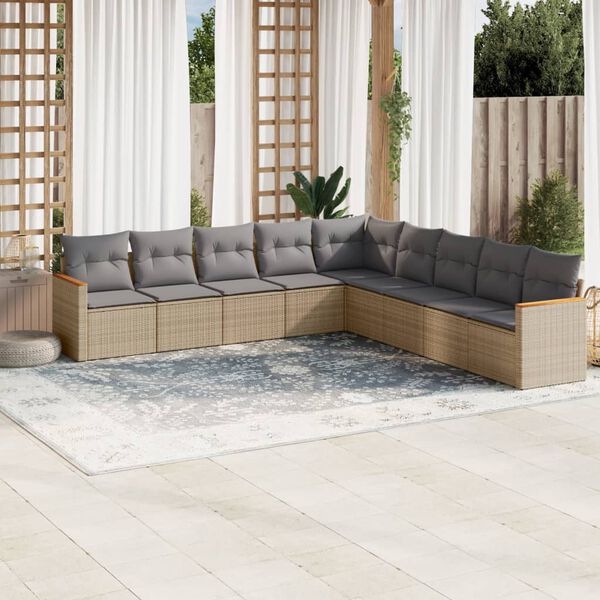 vidaXL Set de sof&aacute;s de jard&iacute;n 9 pzas con cojines rat&aacute;n sint&eacute;tico beige