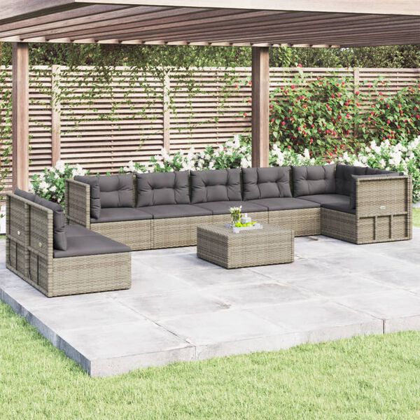 vidaXL Set de muebles de jard&iacute;n 8 pzas y cojines rat&aacute;n sint&eacute;tico gris